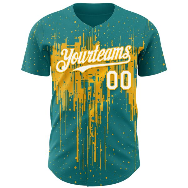 Custom Teal White-Gold Dripping Splatter Paint Authentic Baseball Jersey