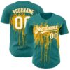 Custom Teal White-Gold Dripping Splatter Paint Authentic Baseball Jersey