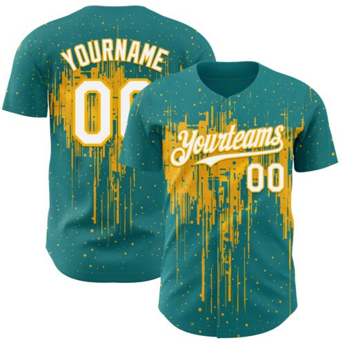 Custom Teal White-Gold Dripping Splatter Paint Authentic Baseball Jersey