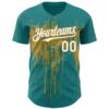 Custom Teal White-Old Gold Dripping Splatter Paint Authentic Baseball Jersey