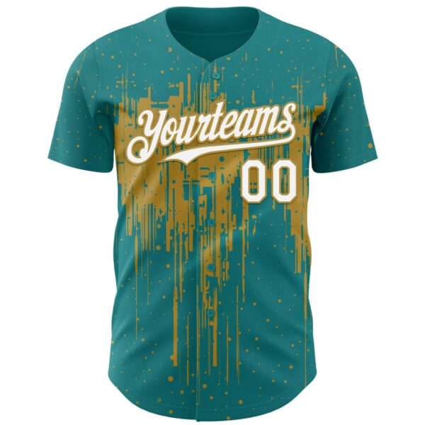 Custom Teal White-Old Gold Dripping Splatter Paint Authentic Baseball Jersey