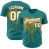 Custom Teal White-Old Gold Dripping Splatter Paint Authentic Baseball Jersey