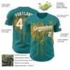 Custom Teal White-Old Gold Dripping Splatter Paint Authentic Baseball Jersey