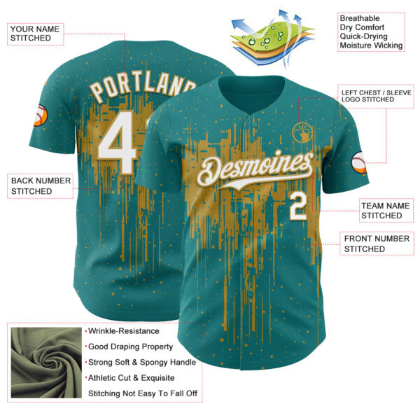 Custom Teal White-Old Gold Dripping Splatter Paint Authentic Baseball Jersey