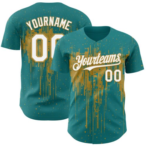 Custom Teal White-Old Gold Dripping Splatter Paint Authentic Baseball Jersey
