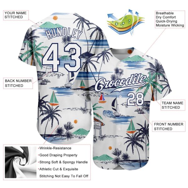 Custom White Navy 3D Pattern Design Hawaii Palm Trees Island And Sailboat Authentic Baseball Jersey