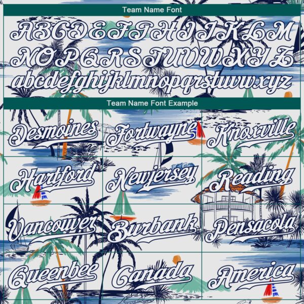 Custom White Navy 3D Pattern Design Hawaii Palm Trees Island And Sailboat Authentic Baseball Jersey