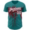 Custom Teal White-Crimson Dripping Splatter Paint Authentic Baseball Jersey