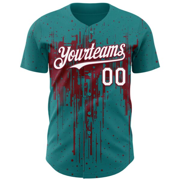 Custom Teal White-Crimson Dripping Splatter Paint Authentic Baseball Jersey