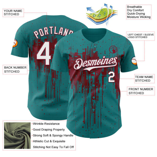 Custom Teal White-Crimson Dripping Splatter Paint Authentic Baseball Jersey