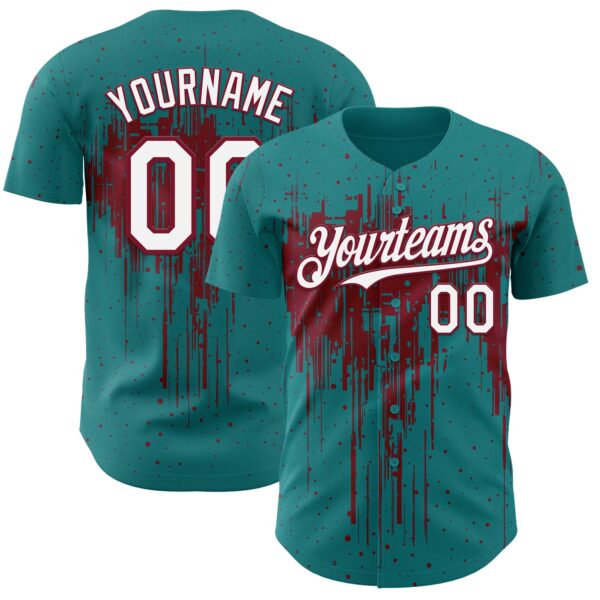 Custom Teal White-Crimson Dripping Splatter Paint Authentic Baseball Jersey