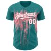 Custom Teal White-Medium Pink Dripping Splatter Paint Authentic Baseball Jersey