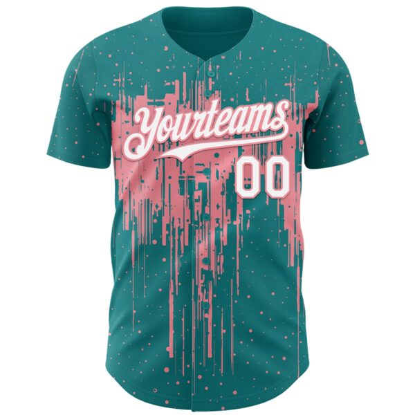 Custom Teal White-Medium Pink Dripping Splatter Paint Authentic Baseball Jersey