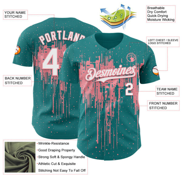 Custom Teal White-Medium Pink Dripping Splatter Paint Authentic Baseball Jersey