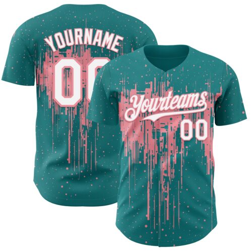 Custom Teal White-Medium Pink Dripping Splatter Paint Authentic Baseball Jersey