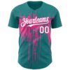 Custom Teal White-Pink Dripping Splatter Paint Authentic Baseball Jersey