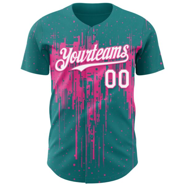 Custom Teal White-Pink Dripping Splatter Paint Authentic Baseball Jersey