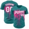 Custom Teal White-Pink Dripping Splatter Paint Authentic Baseball Jersey