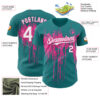 Custom Teal White-Pink Dripping Splatter Paint Authentic Baseball Jersey