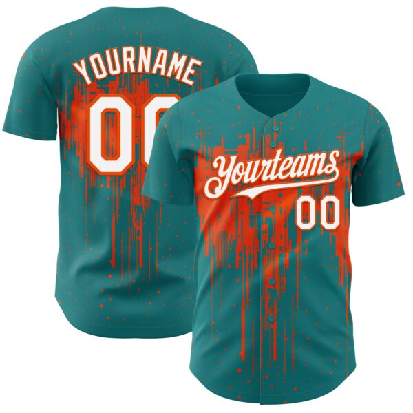Custom Teal White-Orange Dripping Splatter Paint Authentic Baseball Jersey