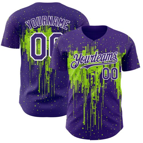 Custom Purple White-Neon Green Dripping Splatter Paint Authentic Baseball Jersey