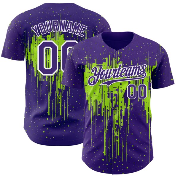 Custom Purple White-Neon Green Dripping Splatter Paint Authentic Baseball Jersey