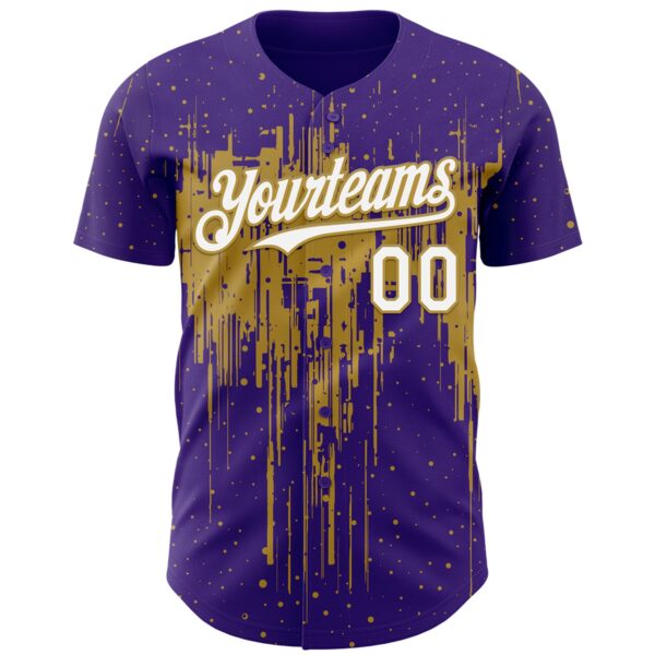 Custom Purple White-Old Gold Dripping Splatter Paint Authentic Baseball Jersey