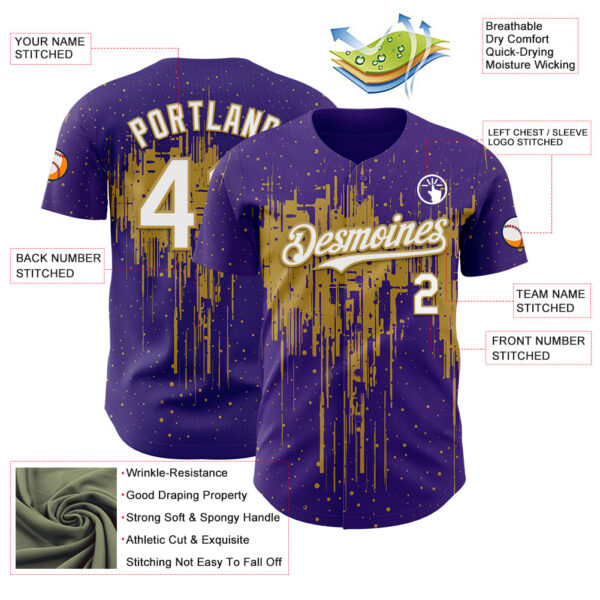 Custom Purple White-Old Gold Dripping Splatter Paint Authentic Baseball Jersey