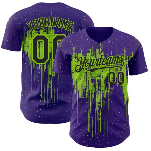 Custom Purple Black-Neon Green Dripping Splatter Paint Authentic Baseball Jersey