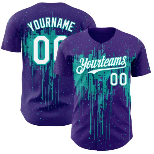 Custom Purple White-Aqua Dripping Splatter Paint Authentic Baseball Jersey