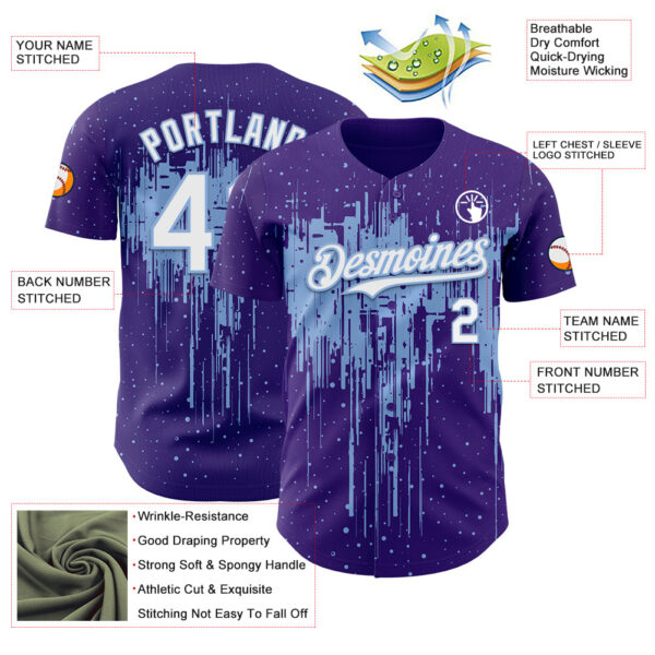Custom Purple White-Light Blue Dripping Splatter Paint Authentic Baseball Jersey