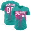Custom Aqua White-Pink Dripping Splatter Paint Authentic Baseball Jersey