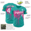 Custom Aqua White-Pink Dripping Splatter Paint Authentic Baseball Jersey
