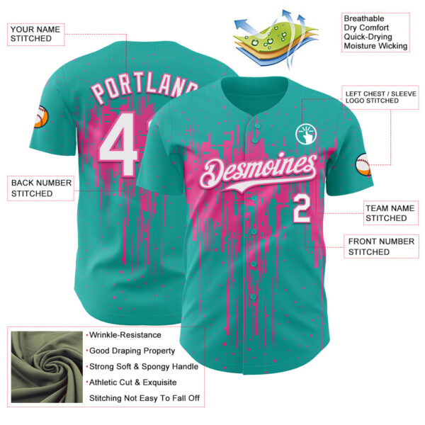 Custom Aqua White-Pink Dripping Splatter Paint Authentic Baseball Jersey