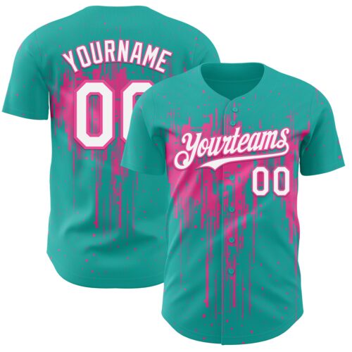 3DPattern12908 Custom Aqua White-Pink Dripping Splatter Paint Authentic Baseball Jersey