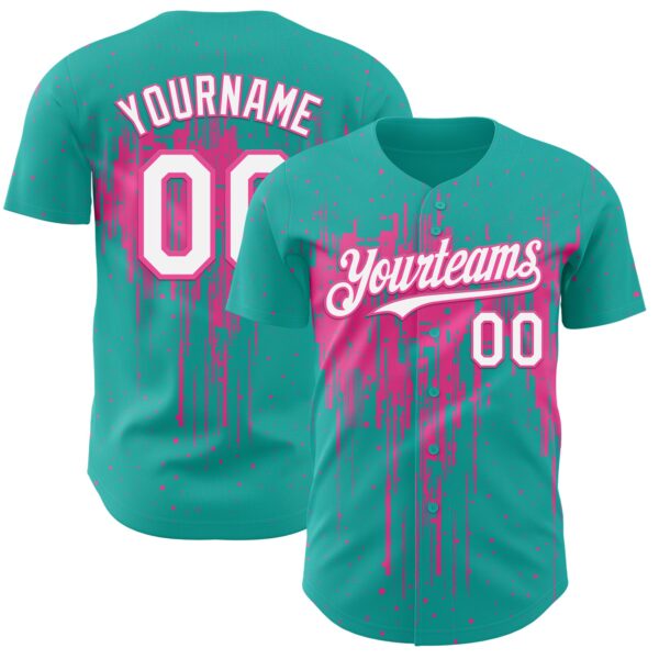 Custom Aqua White-Pink Dripping Splatter Paint Authentic Baseball Jersey
