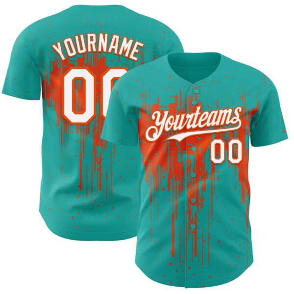 Custom Aqua White-Orange Dripping Splatter Paint Authentic Baseball Jersey