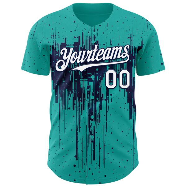 Custom Aqua White-Navy Dripping Splatter Paint Authentic Baseball Jersey