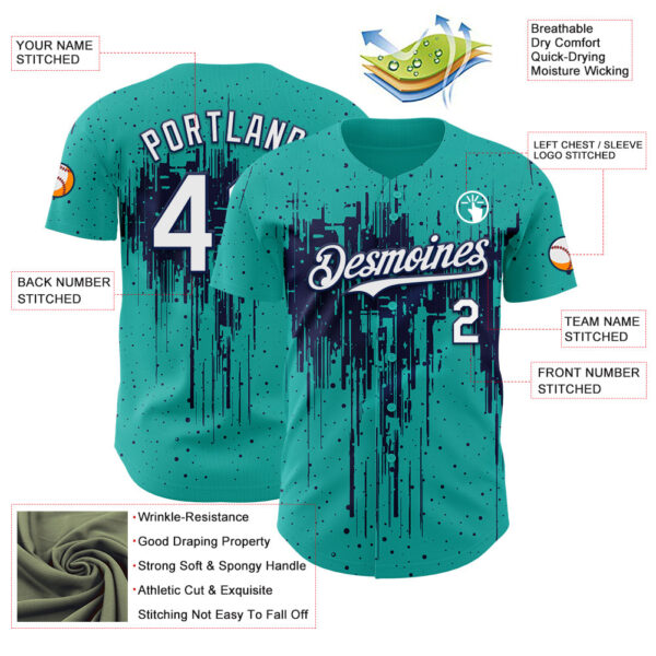 Custom Aqua White-Navy Dripping Splatter Paint Authentic Baseball Jersey