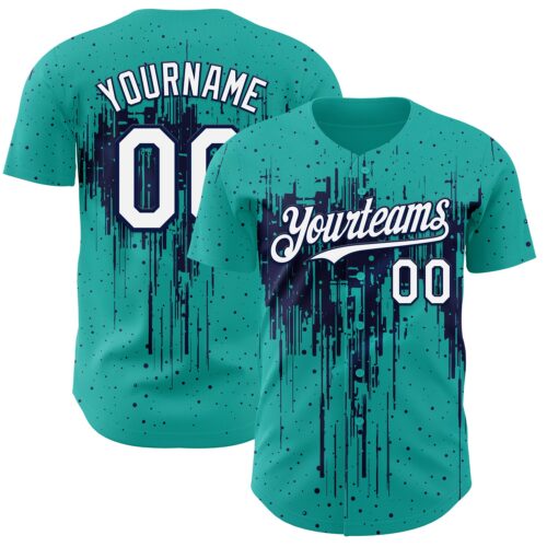 3DPattern12910 Custom Aqua White-Navy Dripping Splatter Paint Authentic Baseball Jersey