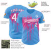 Custom Sky Blue White-Pink Dripping Splatter Paint Authentic Baseball Jersey