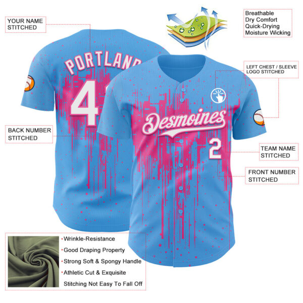 Custom Sky Blue White-Pink Dripping Splatter Paint Authentic Baseball Jersey