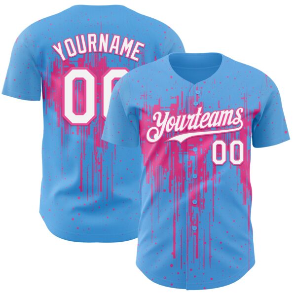 Custom Sky Blue White-Pink Dripping Splatter Paint Authentic Baseball Jersey