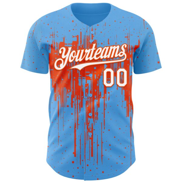Custom Sky Blue White-Orange Dripping Splatter Paint Authentic Baseball Jersey