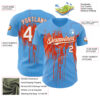Custom Sky Blue White-Orange Dripping Splatter Paint Authentic Baseball Jersey