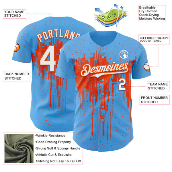 Custom Sky Blue White-Orange Dripping Splatter Paint Authentic Baseball Jersey