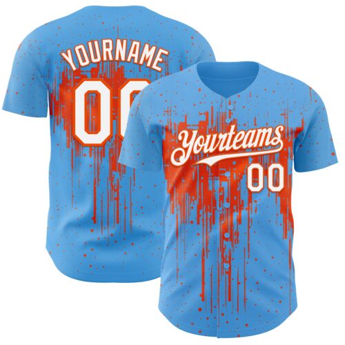 3DPattern12912 Custom Sky Blue White-Orange Dripping Splatter Paint Authentic Baseball Jersey