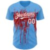 Custom Sky Blue White-Red Dripping Splatter Paint Authentic Baseball Jersey