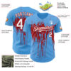 Custom Sky Blue White-Red Dripping Splatter Paint Authentic Baseball Jersey