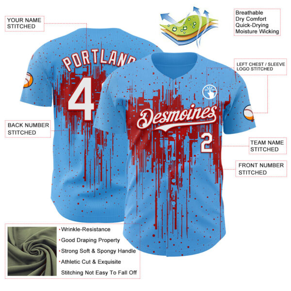 Custom Sky Blue White-Red Dripping Splatter Paint Authentic Baseball Jersey